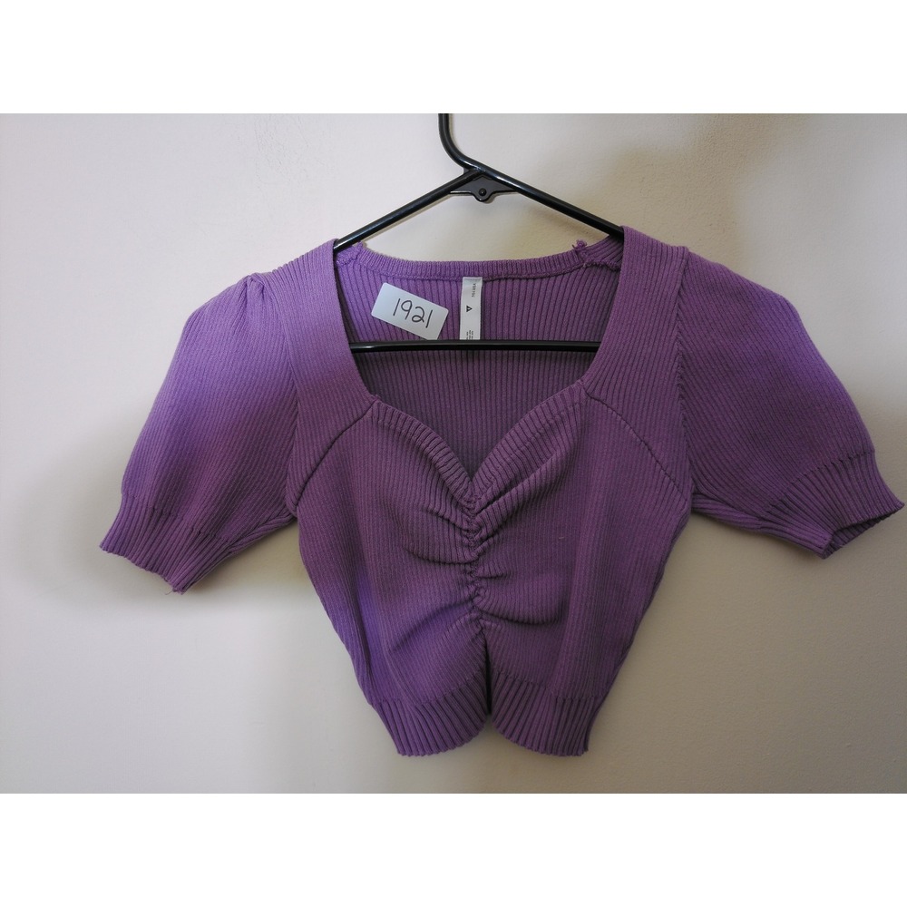 Vertigo Ruched Sweetheart Crop Top Womens Purple Ribbed Knit Puff Short Sleeve